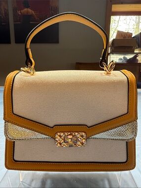 Aldo Cream Canvas Satchel with Yellow Trim and Gold Hardware nwot